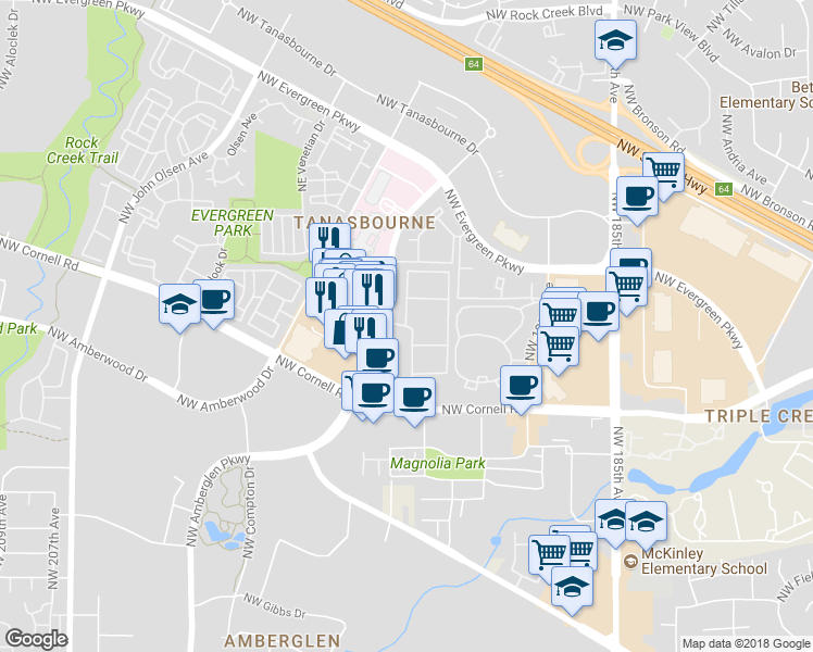 map of restaurants, bars, coffee shops, grocery stores, and more near 2298 Northwest Thorncroft Drive in Hillsboro