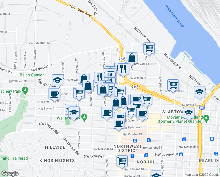 map of restaurants, bars, coffee shops, grocery stores, and more near 2355 Northwest Vaughn Street in Portland
