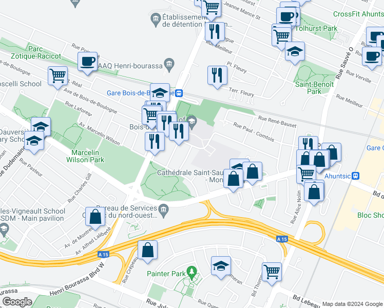 map of restaurants, bars, coffee shops, grocery stores, and more near 1570 Rue Robert Charbonneau in Montréal