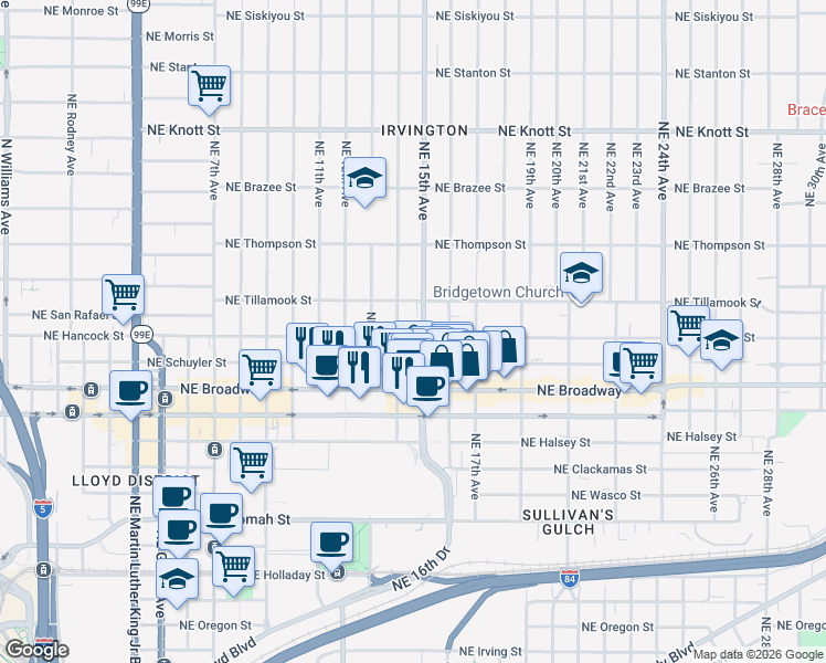 map of restaurants, bars, coffee shops, grocery stores, and more near 1427 Northeast Hancock Street in Portland
