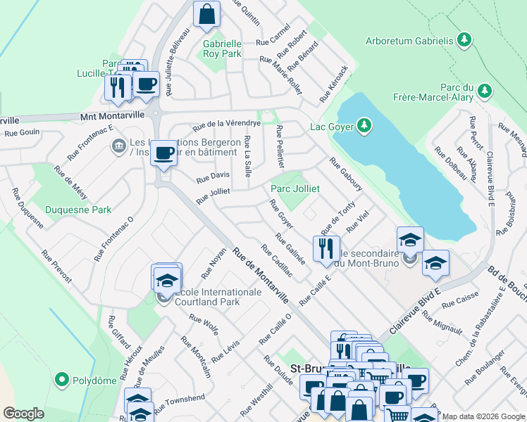 map of restaurants, bars, coffee shops, grocery stores, and more near 942 Rue Galinée in Saint-Bruno-de-Montarville