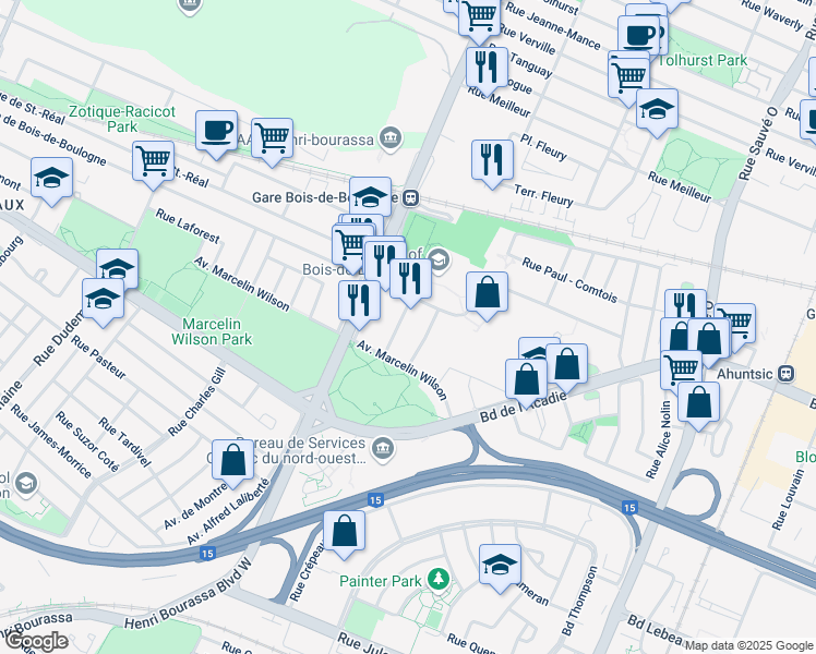 map of restaurants, bars, coffee shops, grocery stores, and more near 1580 Rue Louis Carrier in Montrã©Al