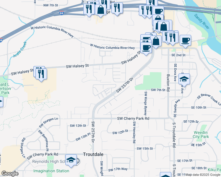 map of restaurants, bars, coffee shops, grocery stores, and more near 639 Southwest 257th Drive in Troutdale