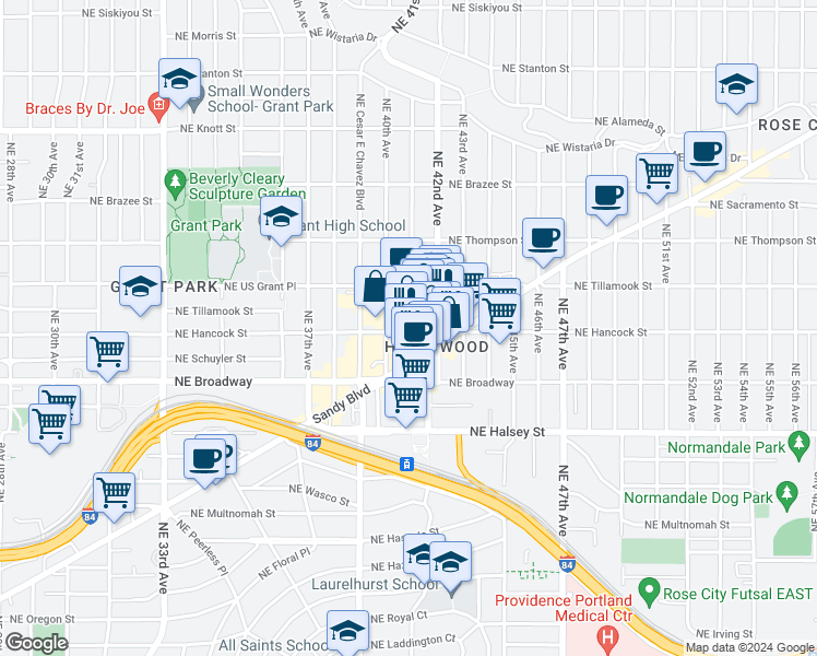map of restaurants, bars, coffee shops, grocery stores, and more near 1905 Northeast 41st Avenue in Portland