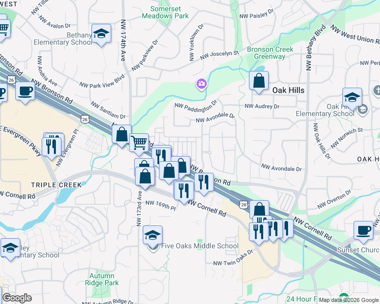 map of restaurants, bars, coffee shops, grocery stores, and more near 2417 Northwest 168th Place in Beaverton