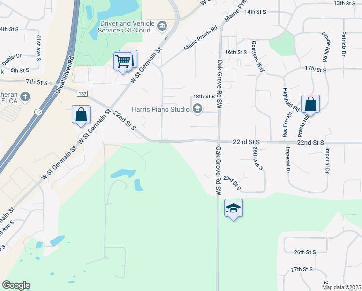 map of restaurants, bars, coffee shops, grocery stores, and more near 3033 22nd Street South in St. Cloud