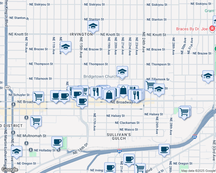 map of restaurants, bars, coffee shops, grocery stores, and more near 1903 Northeast Hancock Street in Portland