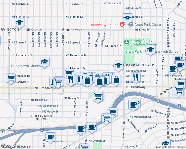 map of restaurants, bars, coffee shops, grocery stores, and more near 2914 Northeast Tillamook Street in Portland