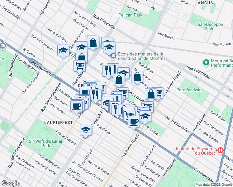 map of restaurants, bars, coffee shops, grocery stores, and more near 1990 Boulevard Saint-Joseph Est in Montréal