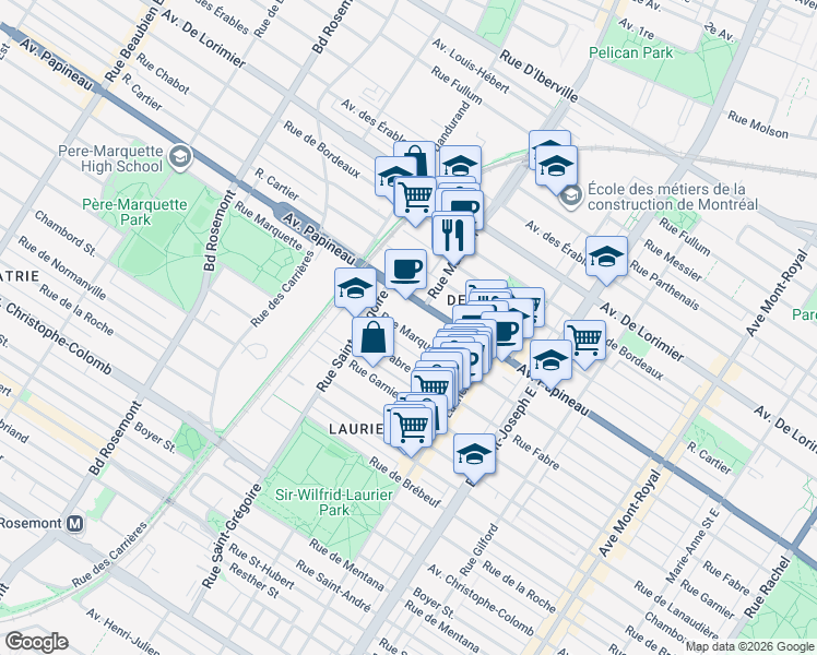map of restaurants, bars, coffee shops, grocery stores, and more near Marquette Street in Montreal