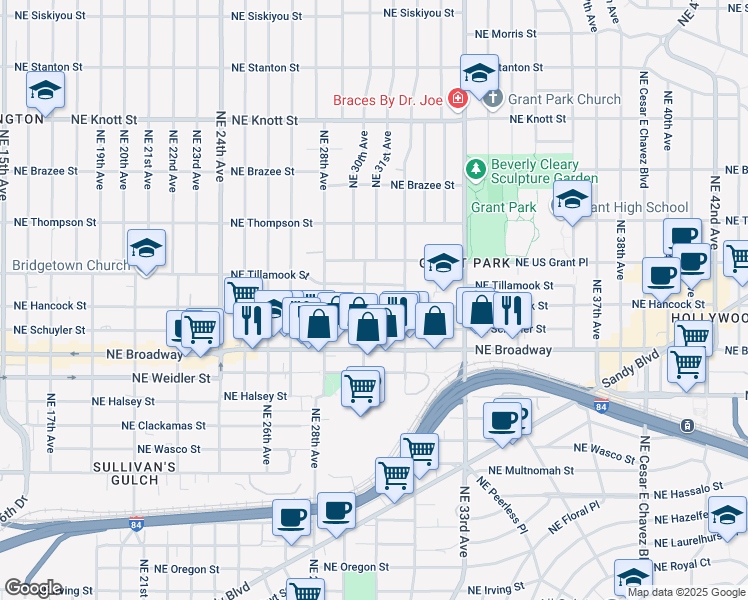 map of restaurants, bars, coffee shops, grocery stores, and more near 3114 Northeast Tillamook Street in Portland