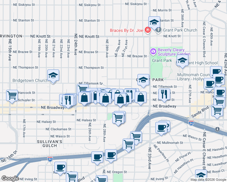 map of restaurants, bars, coffee shops, grocery stores, and more near 2839 Northeast Hancock Street in Portland