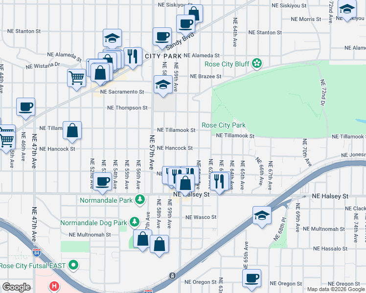 map of restaurants, bars, coffee shops, grocery stores, and more near 5965 Northeast Hancock Street in Portland