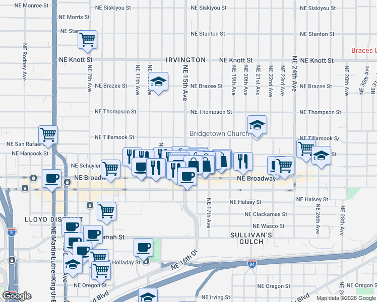 map of restaurants, bars, coffee shops, grocery stores, and more near 1511 Northeast Hancock Street in Portland