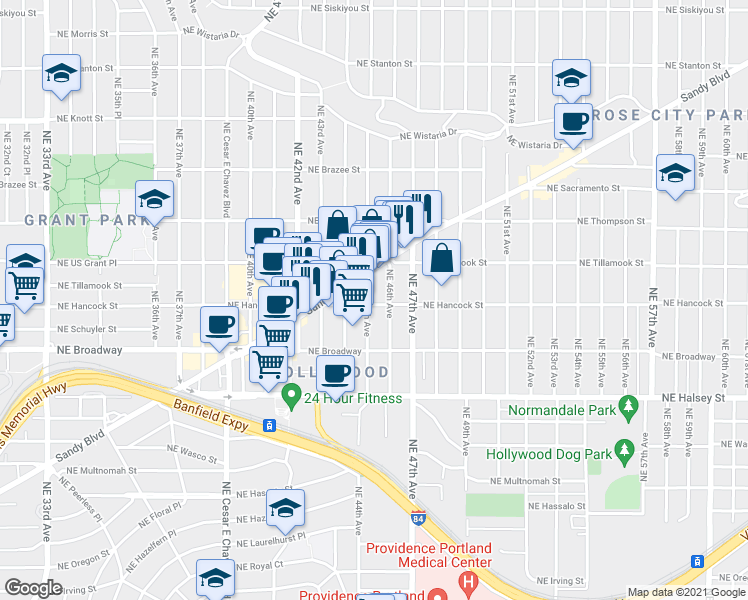 map of restaurants, bars, coffee shops, grocery stores, and more near 1904 Northeast 45th Avenue in Portland