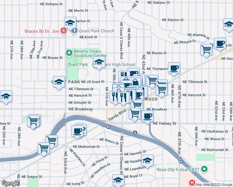 map of restaurants, bars, coffee shops, grocery stores, and more near 1924 Northeast 38th Avenue in Portland