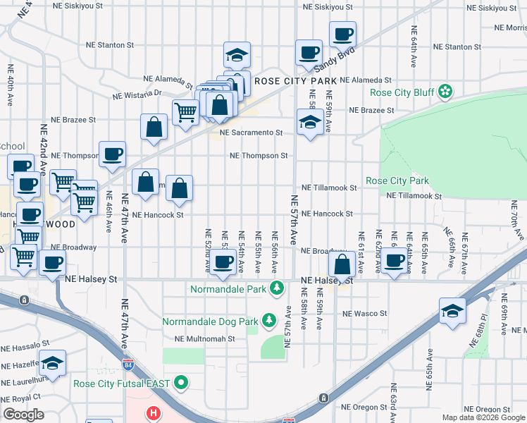 map of restaurants, bars, coffee shops, grocery stores, and more near 1908 Northeast 55th Avenue in Portland