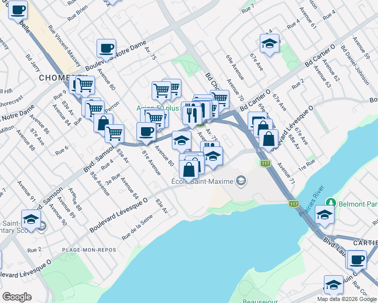 map of restaurants, bars, coffee shops, grocery stores, and more near 300 78e Av in Laval