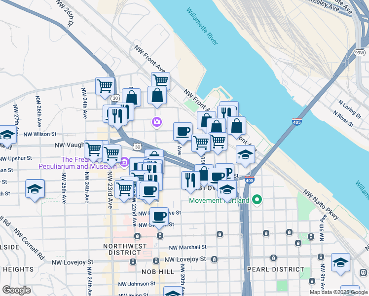 map of restaurants, bars, coffee shops, grocery stores, and more near 1930 Northwest Vaughn Street in Portland