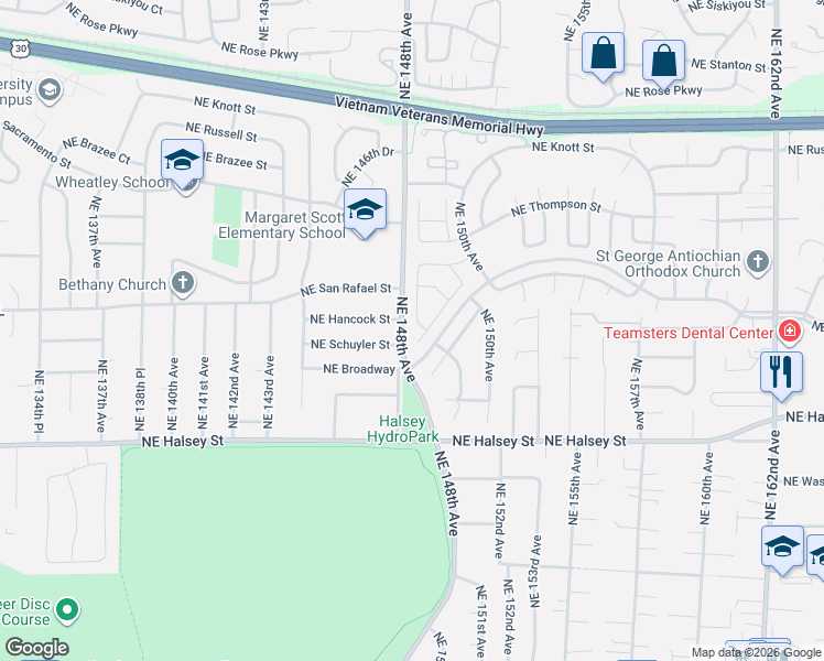 map of restaurants, bars, coffee shops, grocery stores, and more near 1841 Northeast 149th Avenue in Portland