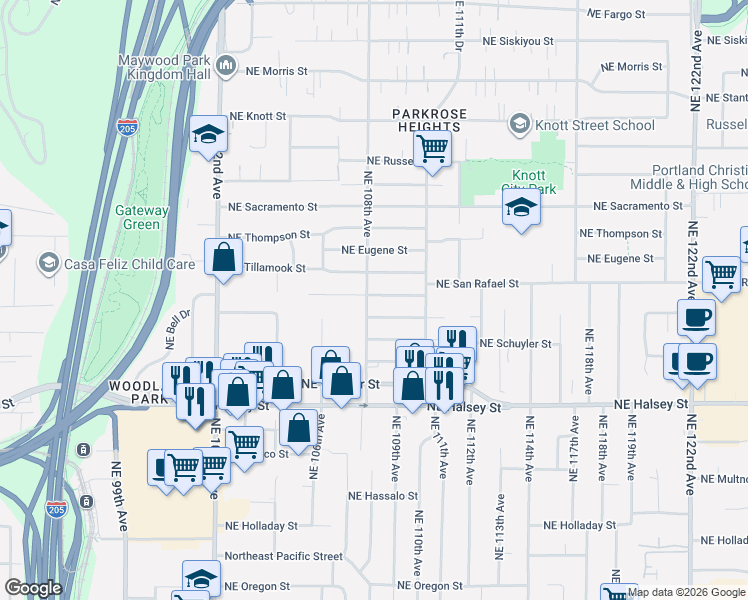 map of restaurants, bars, coffee shops, grocery stores, and more near 10805 Northeast San Rafael Street in Portland