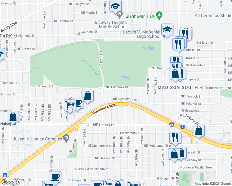 map of restaurants, bars, coffee shops, grocery stores, and more near 7320 Northeast Tillamook Street in Portland