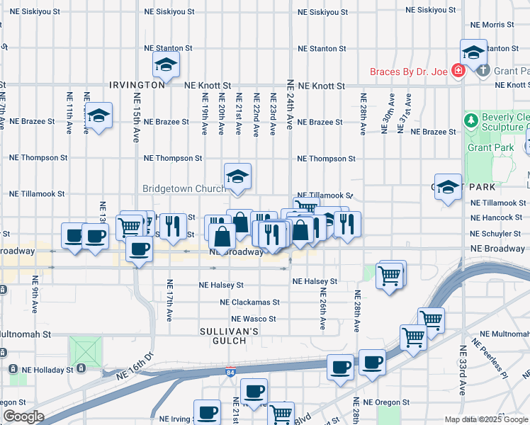 map of restaurants, bars, coffee shops, grocery stores, and more near 2021 Northeast 22nd Avenue in Portland