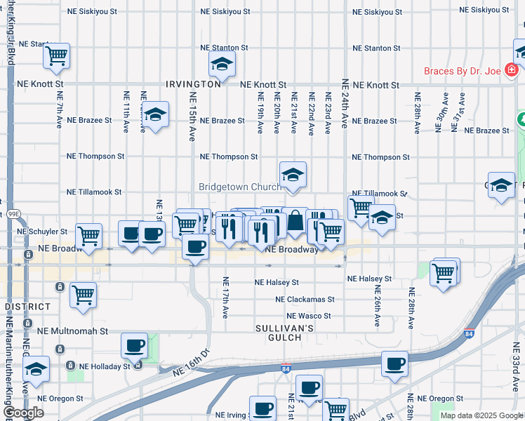 map of restaurants, bars, coffee shops, grocery stores, and more near 1932 Northeast Tillamook Street in Portland