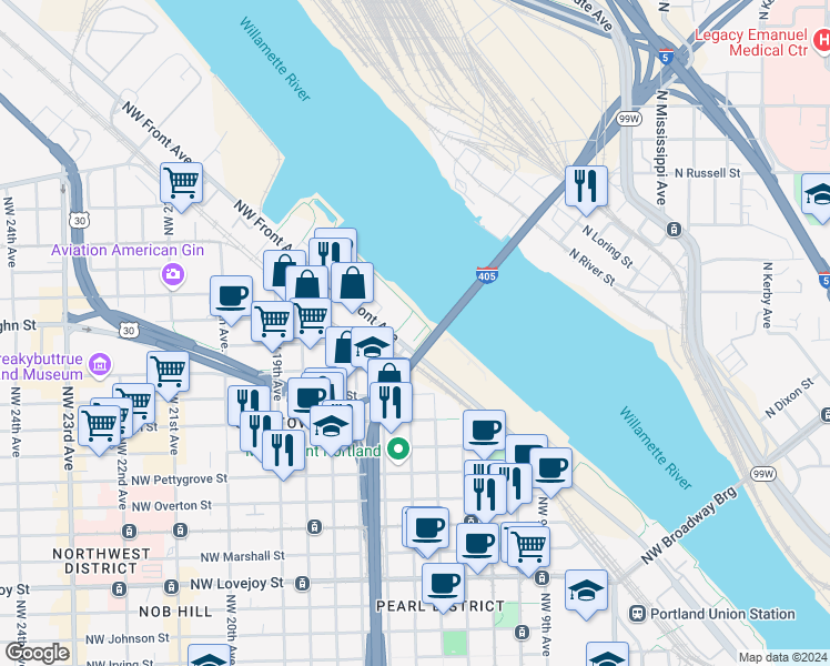 map of restaurants, bars, coffee shops, grocery stores, and more near 1850 Northwest Front Avenue in Portland