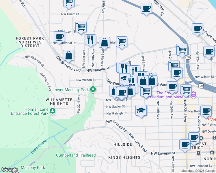 map of restaurants, bars, coffee shops, grocery stores, and more near 2868 Northwest Wardway in Portland