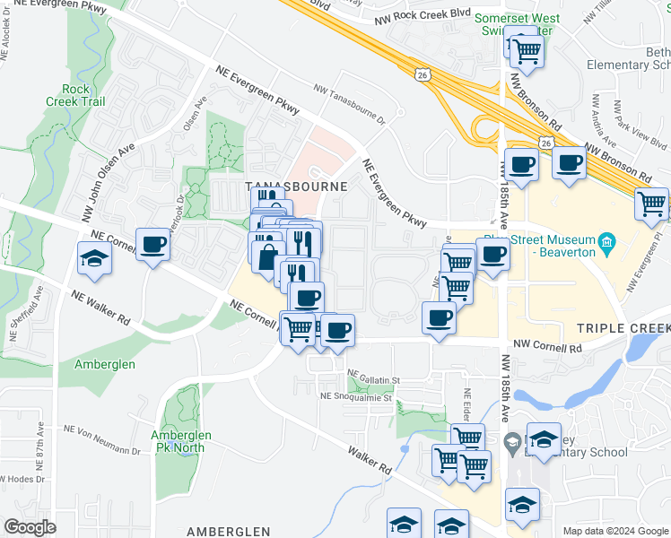 map of restaurants, bars, coffee shops, grocery stores, and more near 2174 Northeast Thorncroft Drive in Hillsboro