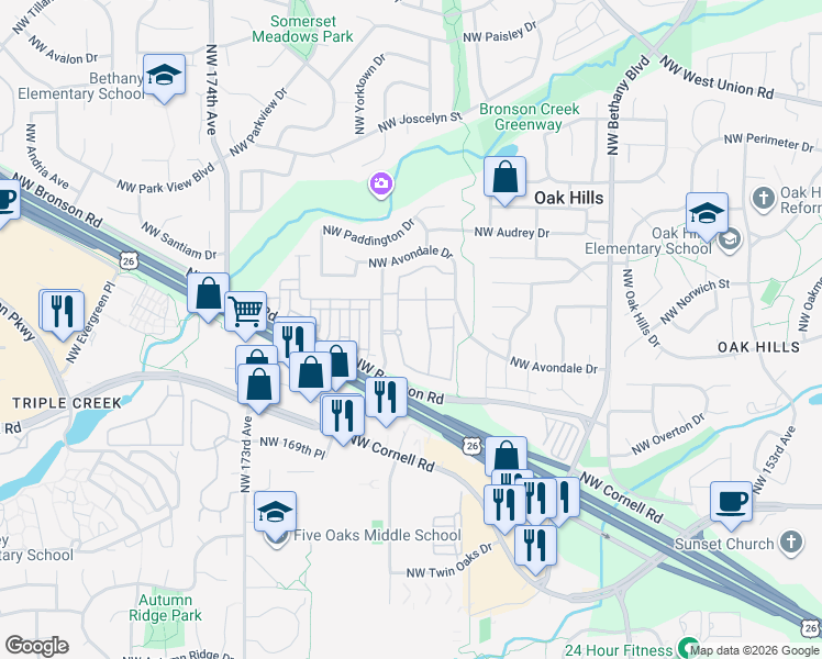 map of restaurants, bars, coffee shops, grocery stores, and more near 2301 Northwest Schmidt Way in Beaverton