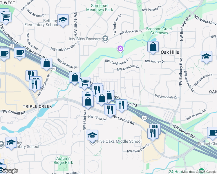 map of restaurants, bars, coffee shops, grocery stores, and more near 2388 Northwest Roseburg Terrace in Beaverton