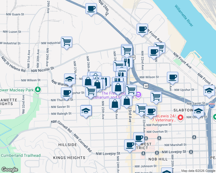map of restaurants, bars, coffee shops, grocery stores, and more near 2456 Northwest Vaughn Street in Portland