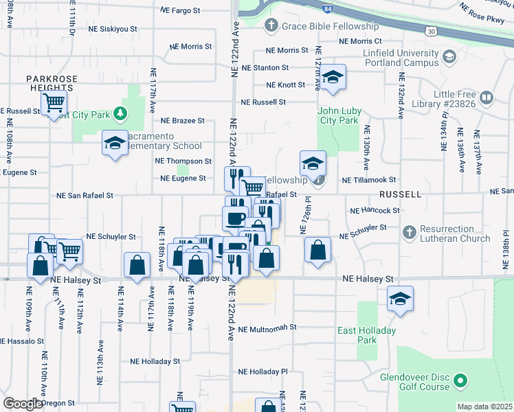 map of restaurants, bars, coffee shops, grocery stores, and more near 12258-12424 NE San Rafael St in Portland
