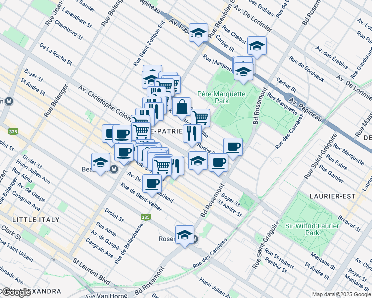 map of restaurants, bars, coffee shops, grocery stores, and more near 6263 Avenue Christophe-Colomb in Montreal