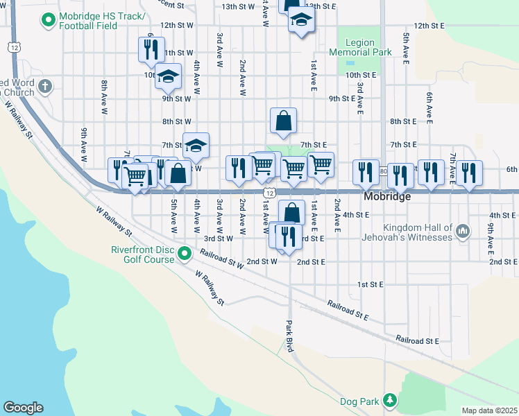 map of restaurants, bars, coffee shops, grocery stores, and more near 405 1st Avenue West in Mobridge