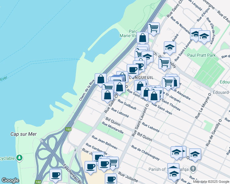 map of restaurants, bars, coffee shops, grocery stores, and more near 75 Rue Saint-Sylvestre in Longueuil