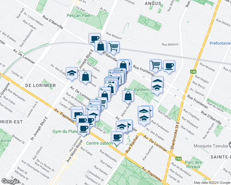 map of restaurants, bars, coffee shops, grocery stores, and more near 2222 Avenue du Mont-Royal Est in Montréal