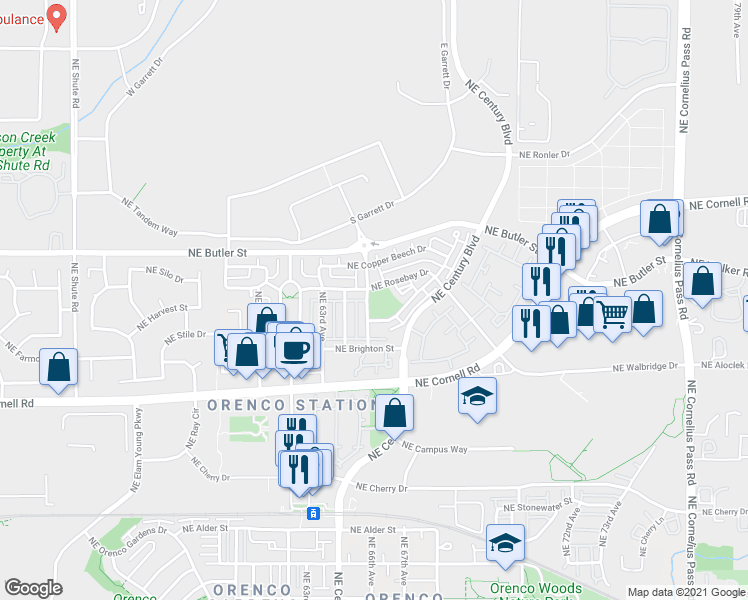 map of restaurants, bars, coffee shops, grocery stores, and more near 1650 Northeast 65th Avenue in Hillsboro