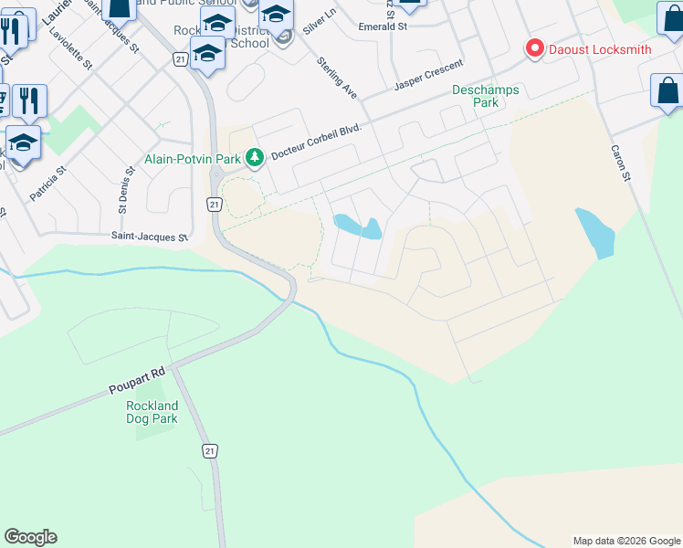 map of restaurants, bars, coffee shops, grocery stores, and more near 1069 Diamond Street in Clarence-Rockland