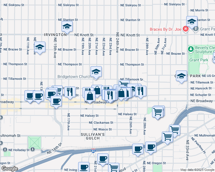 map of restaurants, bars, coffee shops, grocery stores, and more near 1914 Northeast 22nd Avenue in Portland