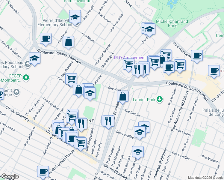 map of restaurants, bars, coffee shops, grocery stores, and more near 1640 Rue Kent in Longueuil