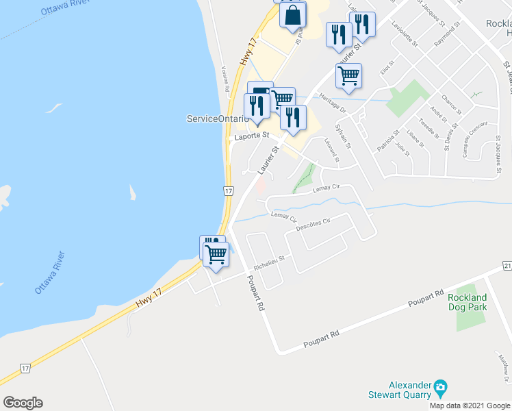 map of restaurants, bars, coffee shops, grocery stores, and more near 2947 Fontaine Place in Clarence-Rockland