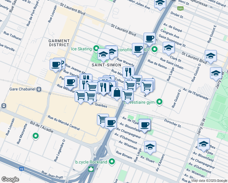 map of restaurants, bars, coffee shops, grocery stores, and more near in Montréal