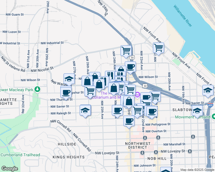 map of restaurants, bars, coffee shops, grocery stores, and more near 2456 Northwest Vaughn Street in Portland