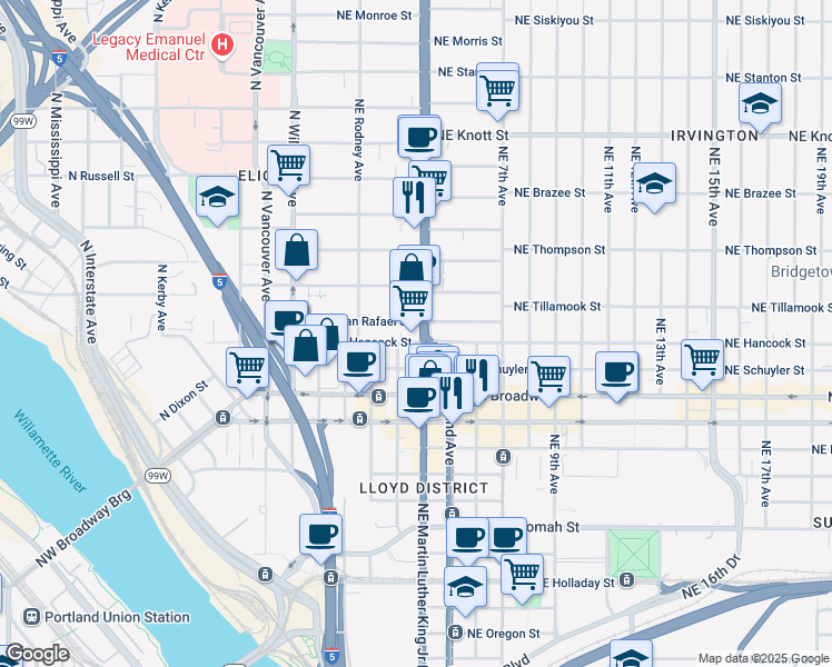 map of restaurants, bars, coffee shops, grocery stores, and more near 206 Northeast San Rafael Street in Portland