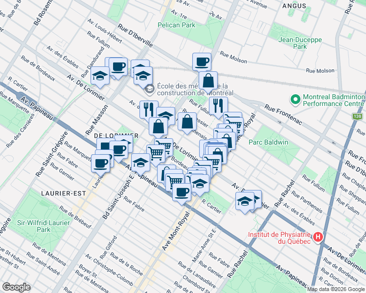 map of restaurants, bars, coffee shops, grocery stores, and more near 4707 Avenue De Lorimier in Montréal
