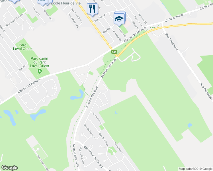 map of restaurants, bars, coffee shops, grocery stores, and more near 2120 Rue Bonaventure in Laval
