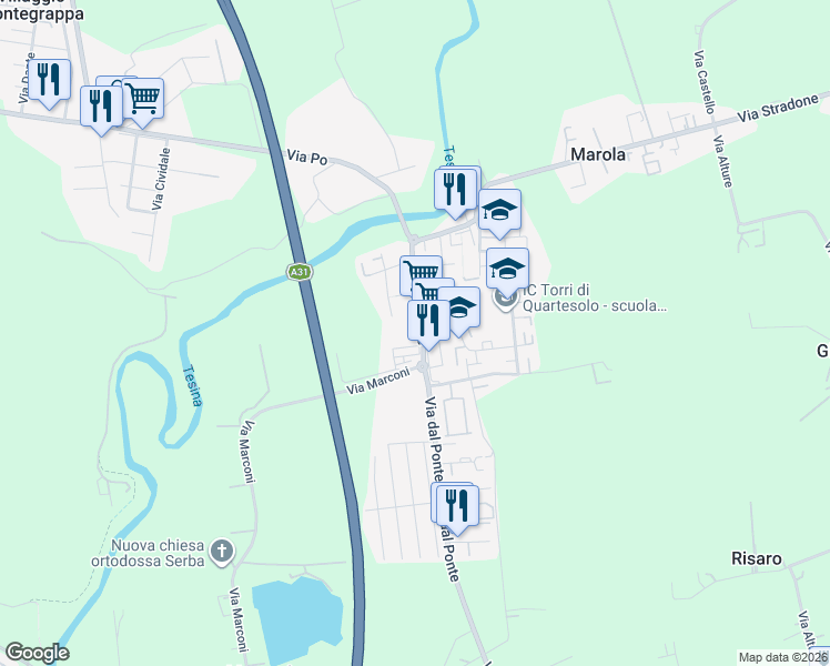 map of restaurants, bars, coffee shops, grocery stores, and more near 191 Via dal Ponte in Marola
